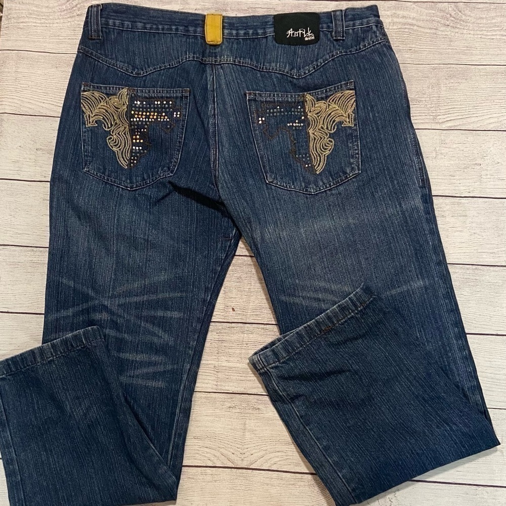Antik Women's Size 40 Embroidered Distressed Boot Cut Cotton Button Fly Jeans